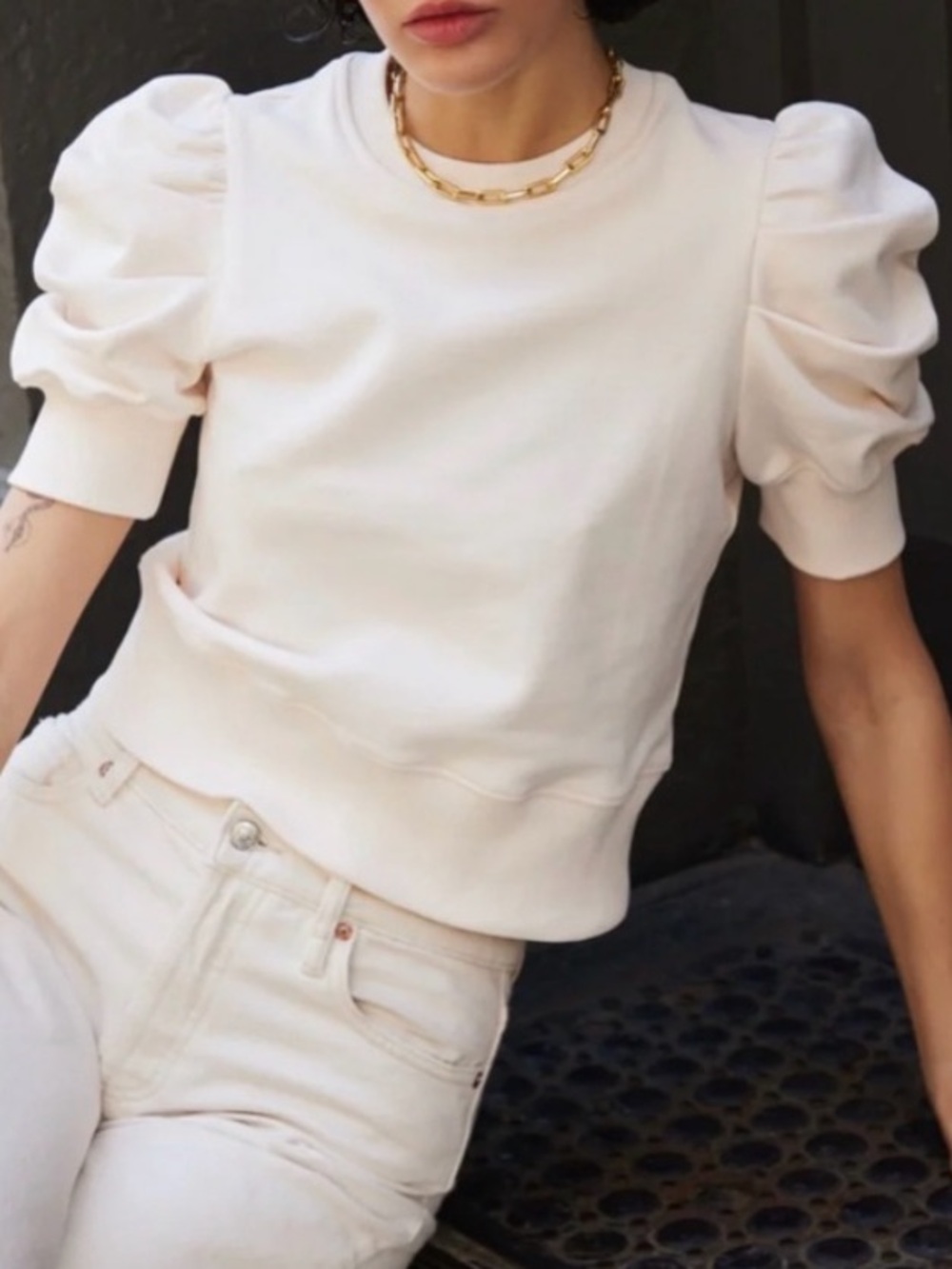 Soldout NYC The Just Enough Puff Sleeve Sweatshirt Crop Top Cream Size Medium